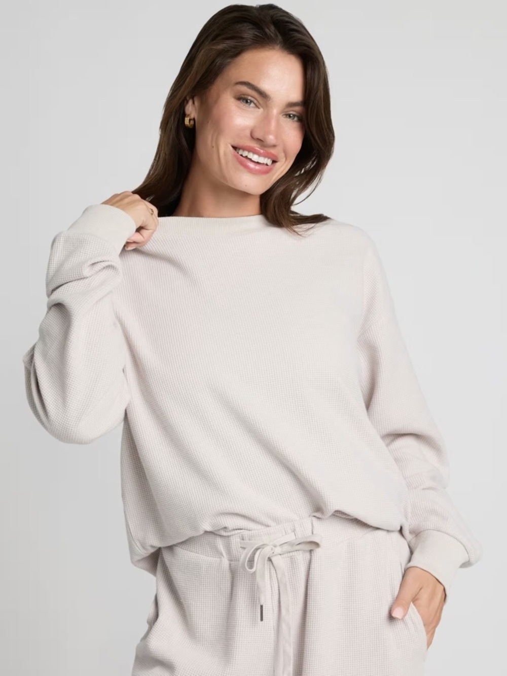 Comfrt Cozy Waffle-Knit Pullover Lounge Long Sleeve In White Dove NWT Size XS